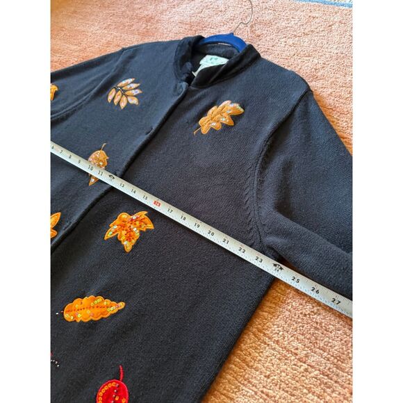 Quacker Factory Fall Leaves Embellished Button Front Cardigan Black 1X - Picture 7 of 9